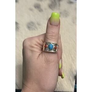 Joseph Esposito ESPO SIG 925 Sterling Silver Turquoise & Coral Wide Band Ring 7